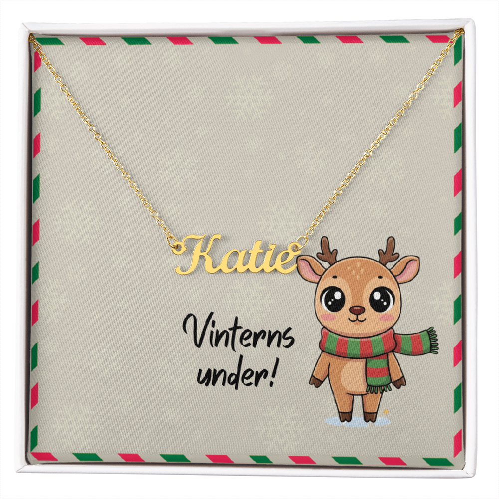 Custom name pendant shown in soft-touch jewelry box