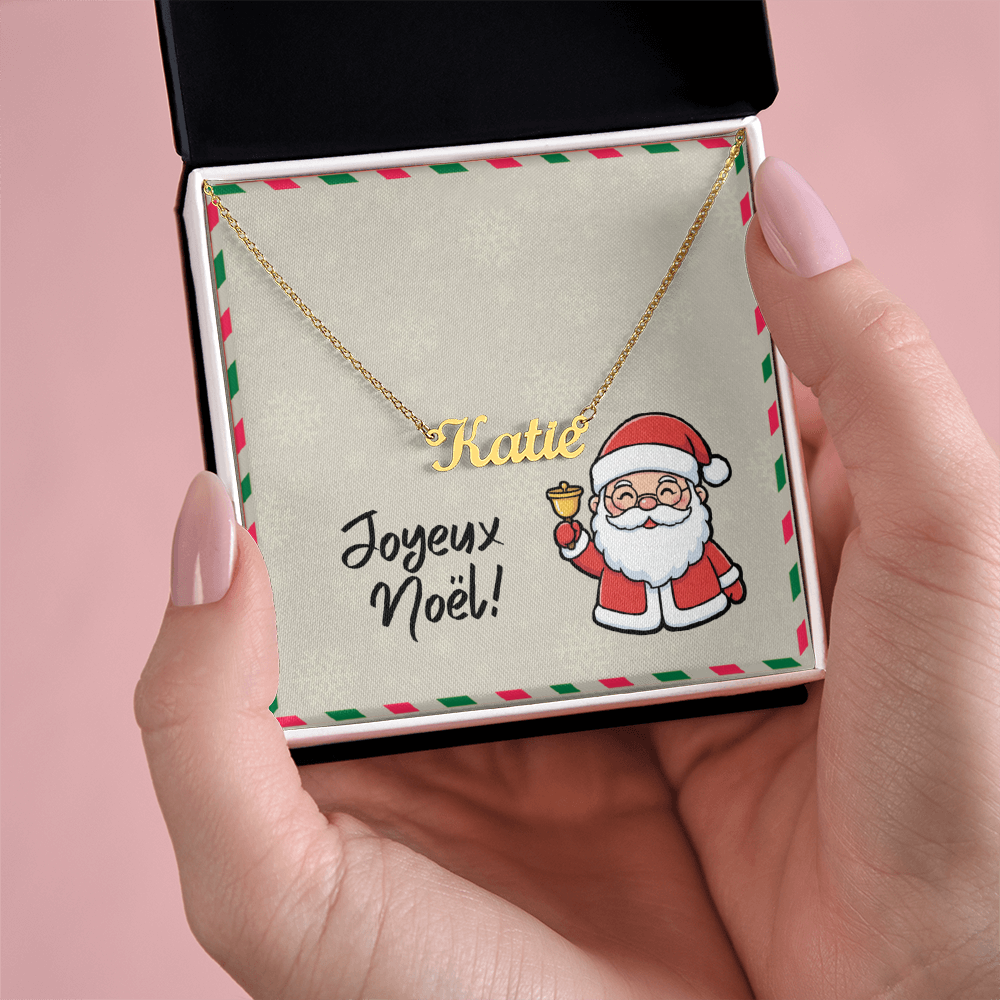 Stainless steel custom name necklace with French Christmas message card