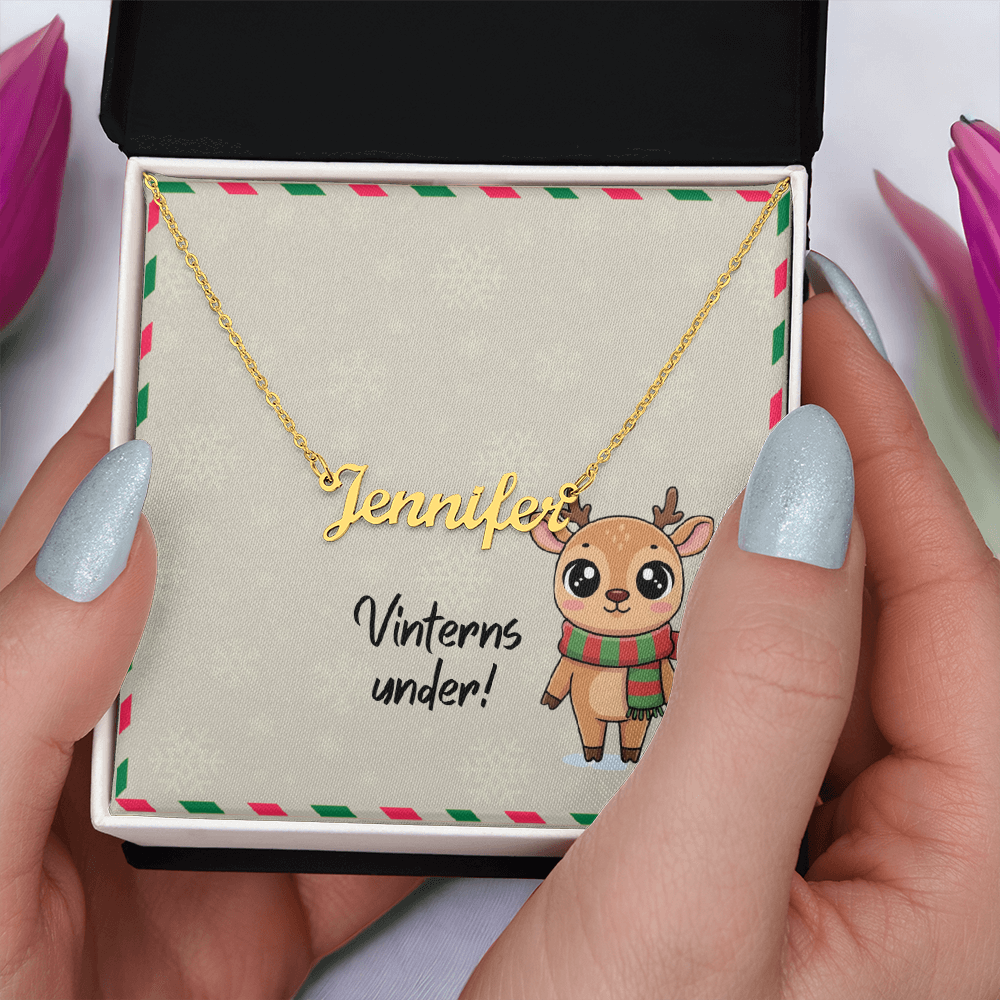 Close-up of adjustable cable chain on name necklace