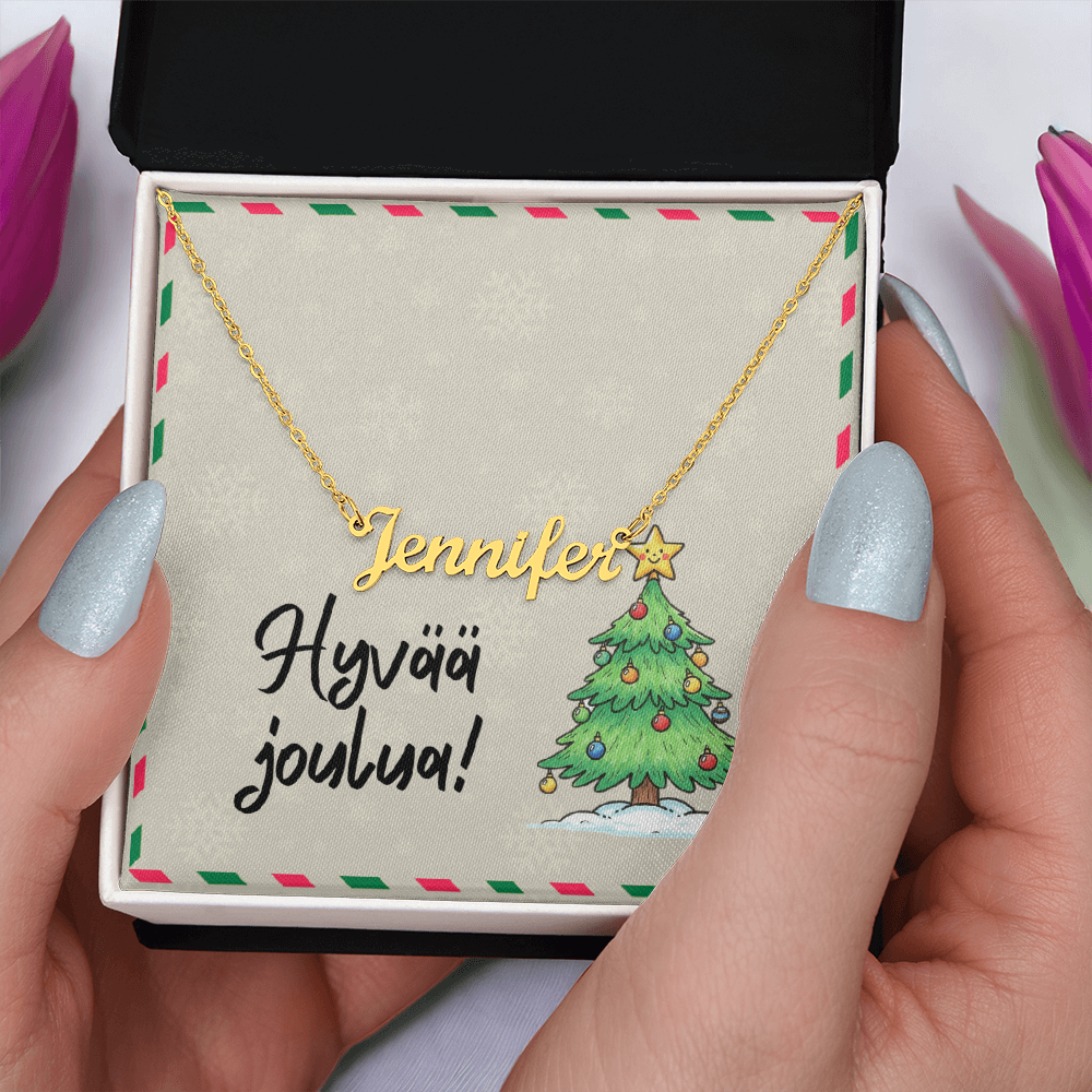 Gold finish personalized necklace shown in soft-touch box