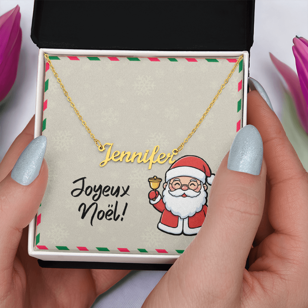 18K gold finish Joyeux Noël name necklace on adjustable chain