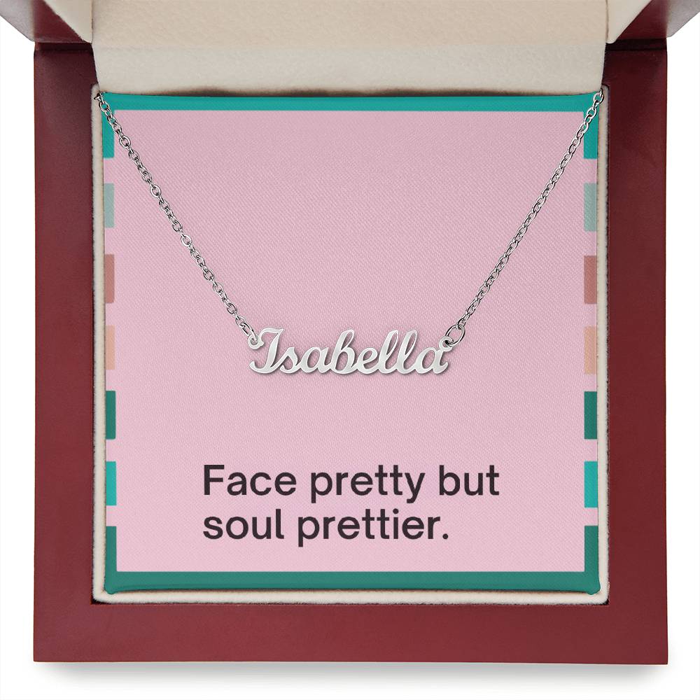 Engraved name pendant necklace displayed in jewelry box with message card