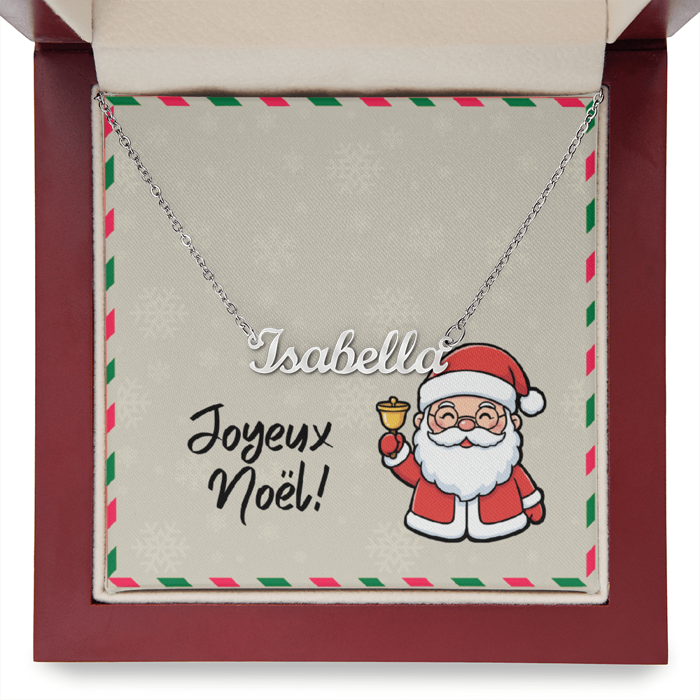 French-inspired Joyeux Noël name jewelry on white background