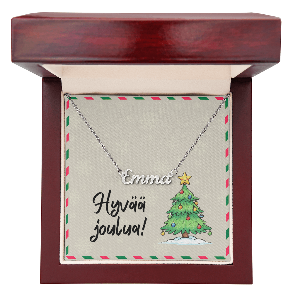 Holiday flatlay with Hyvää joulua name necklace