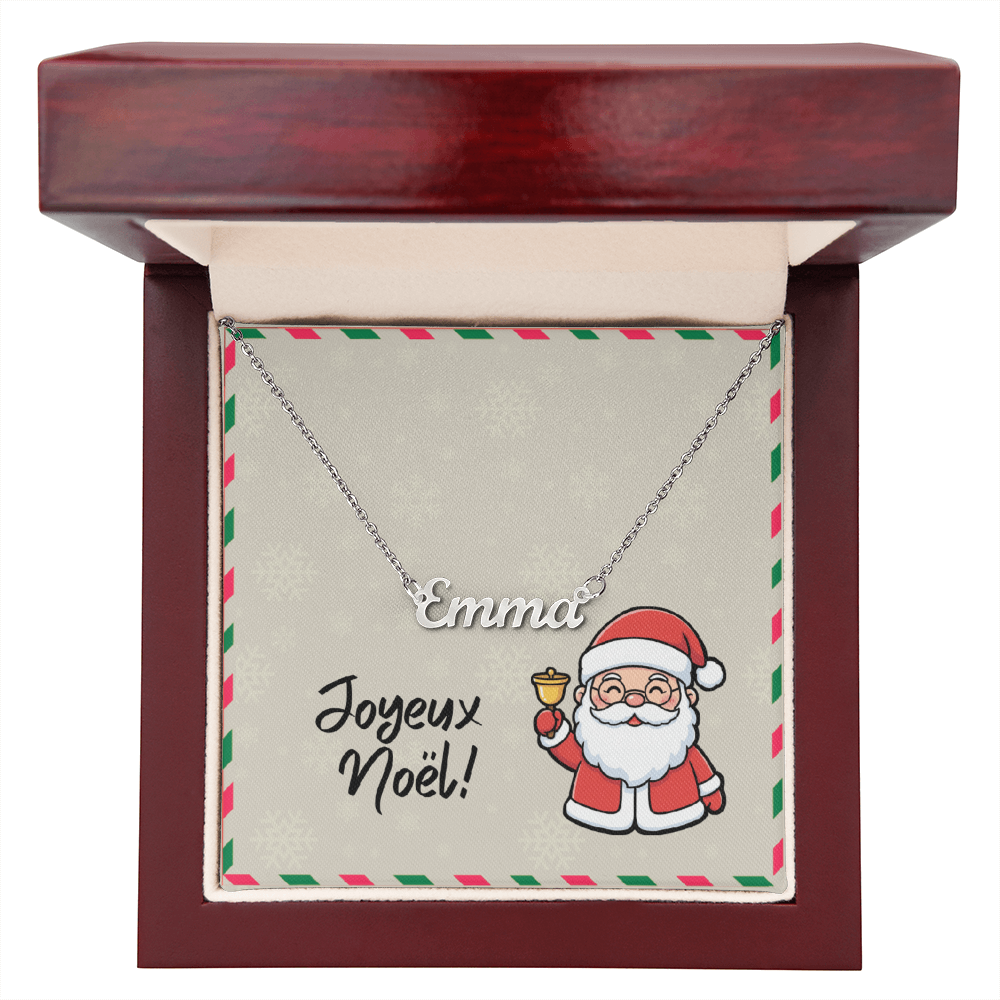 Joyeux Noël necklace shown in mahogany luxury box with LED light