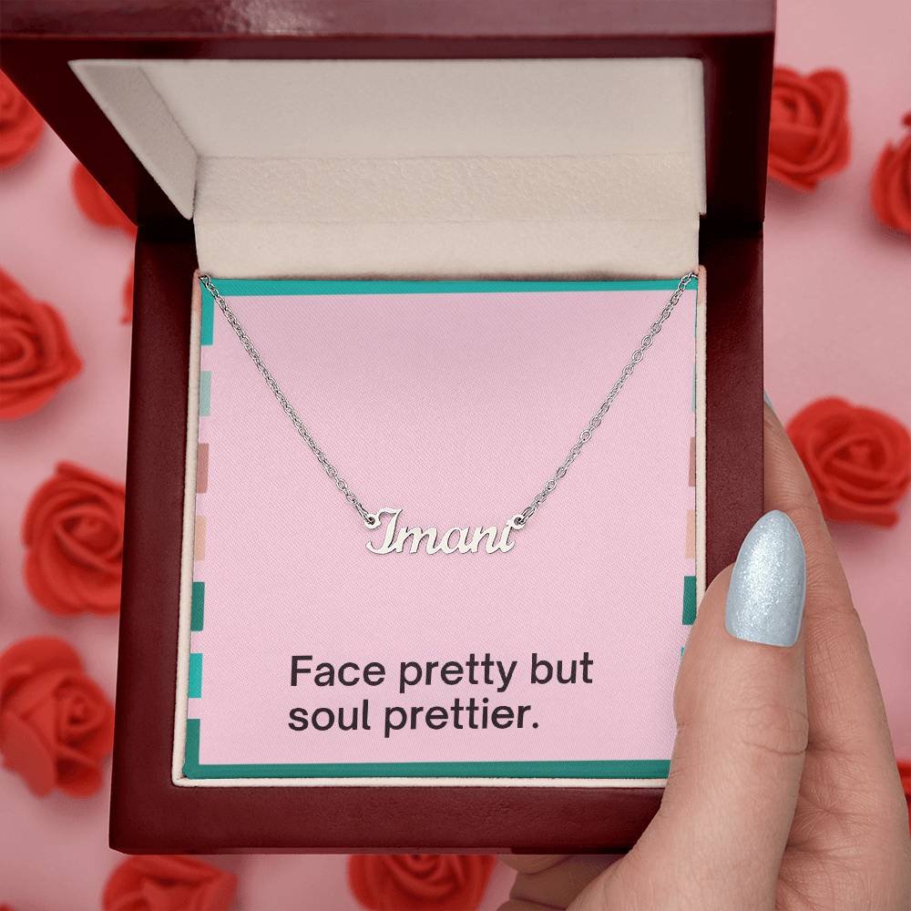 Elegant personalized name necklace displayed in soft-touch jewelry box