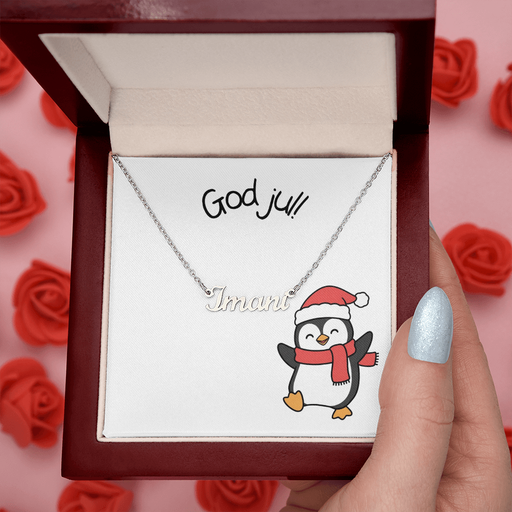 God Jul Penguin Personalized Name Necklace | Custom Christmas Gift for Her – Scandinavian Holiday Jewelry