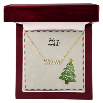 Close-up of custom script name necklace