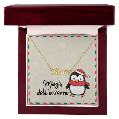 Close-up of lobster clasp on personalized name necklace