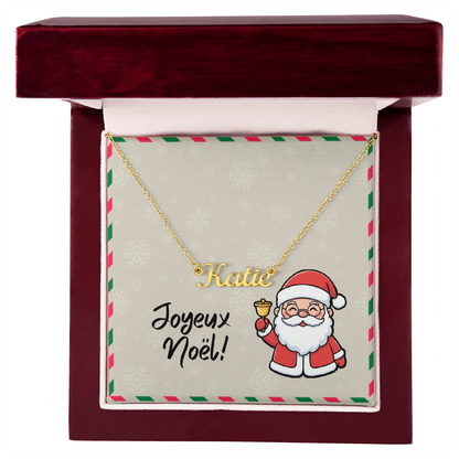 Side view of personalized cursive name necklace on cable chain