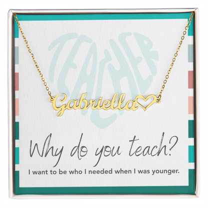 “Heart Name Necklace – ‘I Want to Be Who I Needed' Message Card”