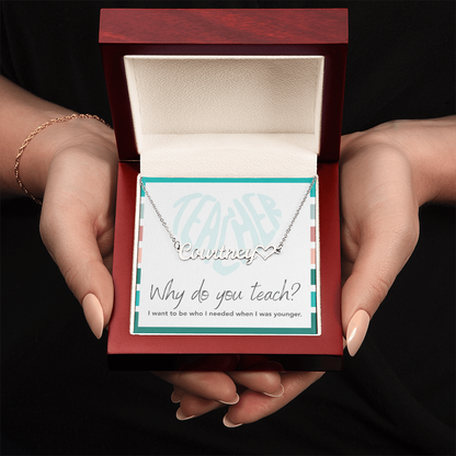 “Heart Name Necklace – ‘I Want to Be Who I Needed' Message Card”