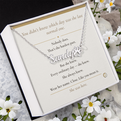 dog memorial jewelry with engraved script name