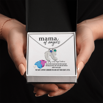 Twin Loss Memorial Necklace – Mama of Angels Jewelry | Sympathy Gift for Mom After Miscarriage or Loss of Twins | Personalized Baby Feet Necklace with Birthstones