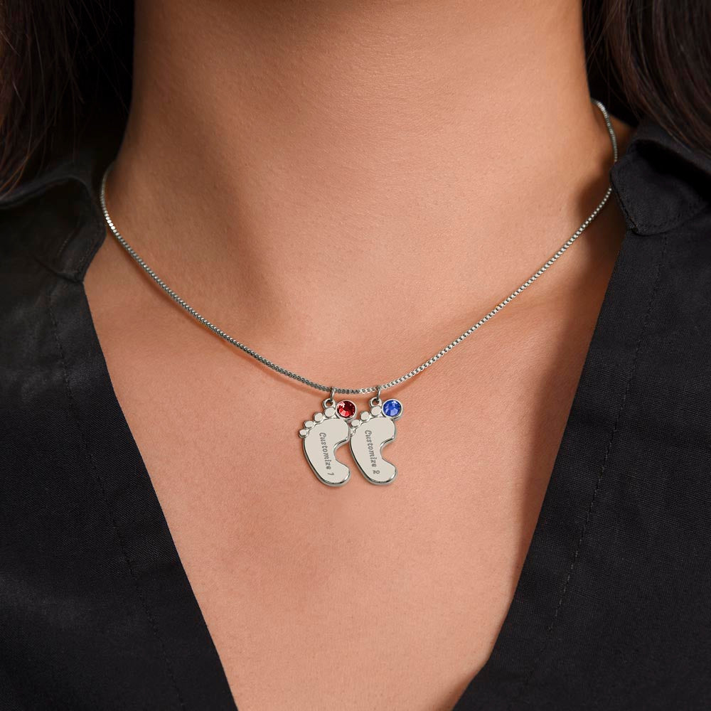 Twin Loss Memorial Necklace – Mama of Angels Jewelry | Sympathy Gift for Mom After Miscarriage or Loss of Twins | Personalized Baby Feet Necklace with Birthstones