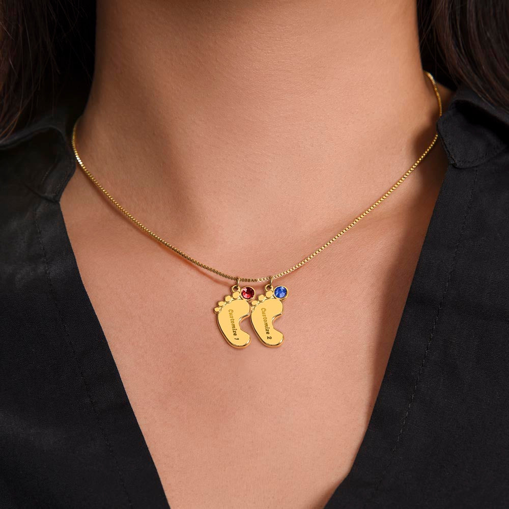 Twin Loss Memorial Necklace – Mama of Angels Jewelry | Sympathy Gift for Mom After Miscarriage or Loss of Twins | Personalized Baby Feet Necklace with Birthstones