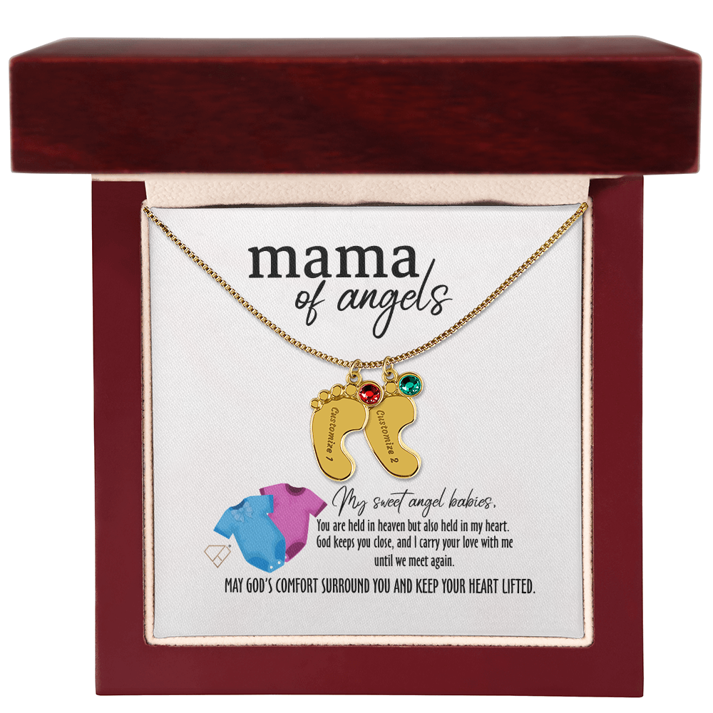 Twin Loss Memorial Necklace – Mama of Angels Jewelry | Sympathy Gift for Mom After Miscarriage or Loss of Twins | Personalized Baby Feet Necklace with Birthstones