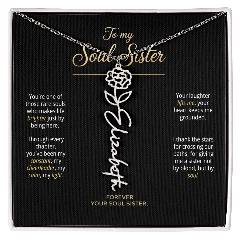 Personalized Soul Sister flower name necklace on message card