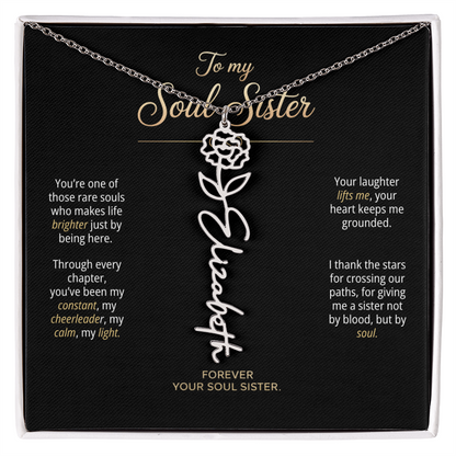 Personalized Soul Sister flower name necklace on message card