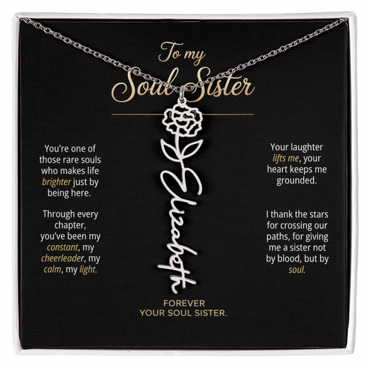 Personalized Soul Sister flower name necklace on message card