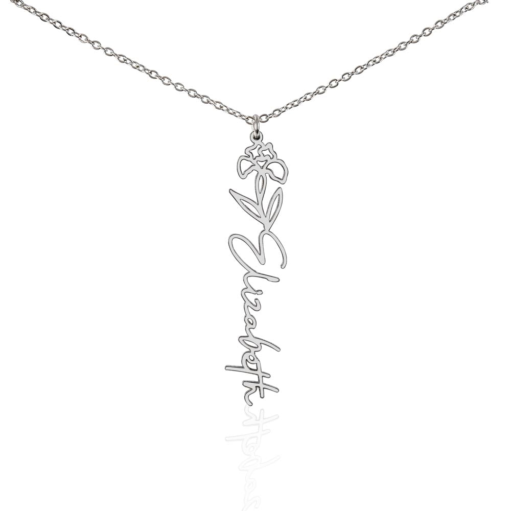 Custom flower name jewelry displayed on soft-touch box