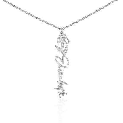 Custom flower name jewelry displayed on soft-touch box
