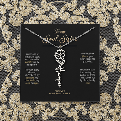 Script name necklace shown with adjustable chain