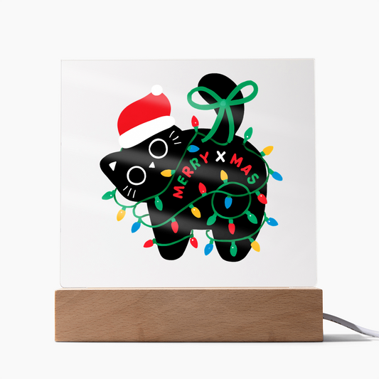Playful Black Cat Merry X-mass Engraved Acrylic Circle Plaque