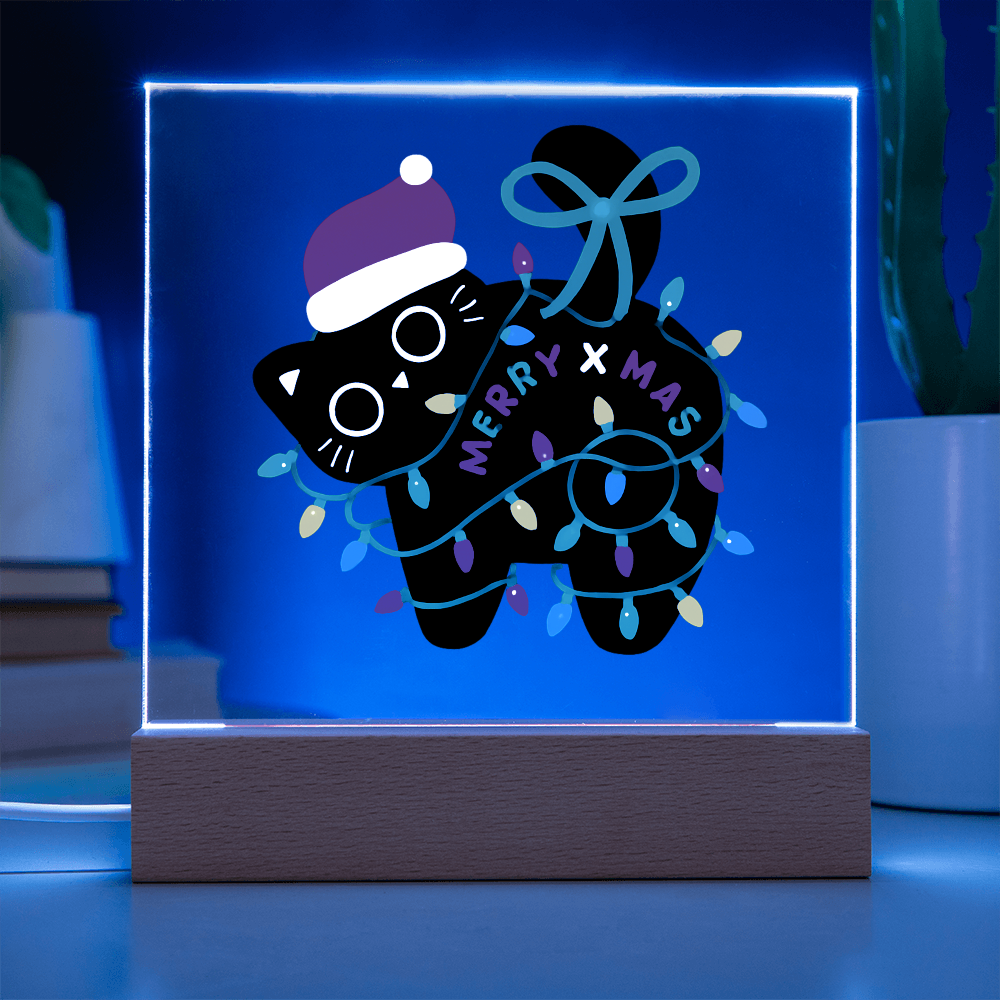 Playful Black Cat Merry X-mass Engraved Acrylic Circle Plaque