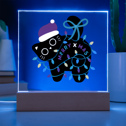 Playful Black Cat Merry X-mass Engraved Acrylic Circle Plaque