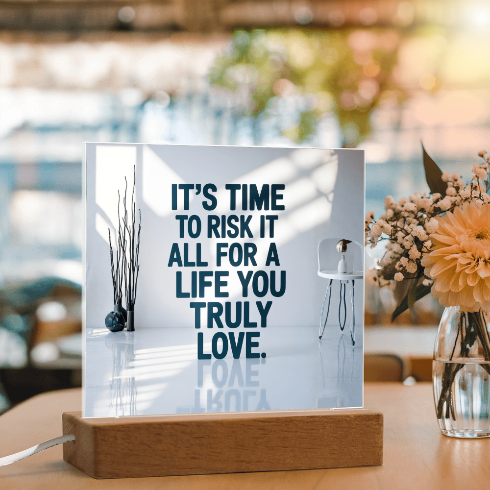 Close-up of printed quote on clear acrylic showing sharp, detailed design.