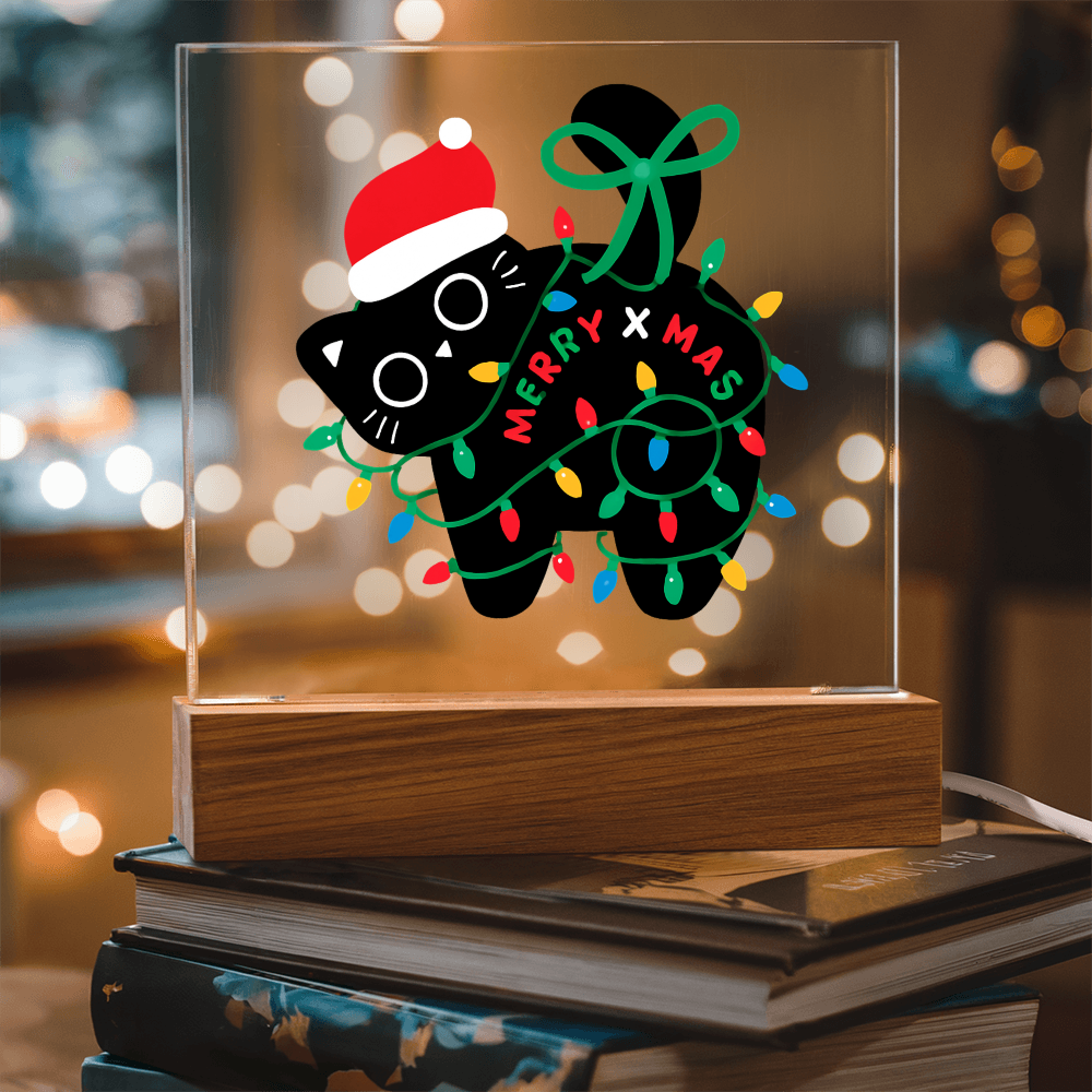 Playful Black Cat Merry X-mass Engraved Acrylic Circle Plaque