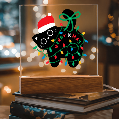 Playful Black Cat Merry X-mass Engraved Acrylic Circle Plaque