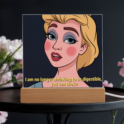 Side angle of acrylic plaque showing glossy edges and high-quality print clarity.
