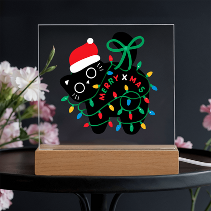 Playful Black Cat Merry X-mass Engraved Acrylic Circle Plaque