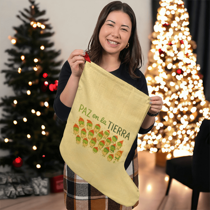 Paz en la Tierra Giant Christmas Stocking – Spanish “Peace on Earth” Holiday Decor with Cute Pea Characters