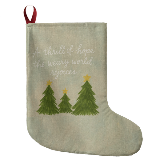 A thrill of hope Christmas stocking with watercolor evergreen trees