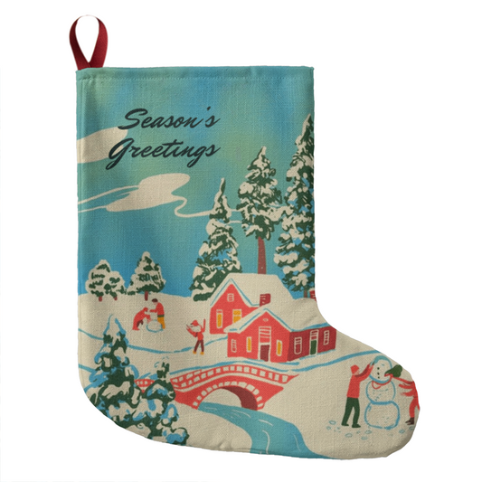 Season's Greetings Vintage Christmas Stocking | Retro Winter Village Holiday Decor