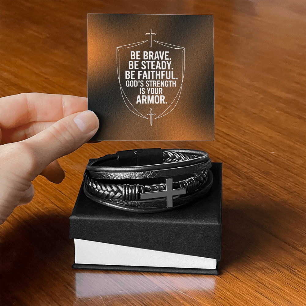 Men's Cross Leather Bracelet | “Be Brave. Be Steady. Be Faithful.” Shield Design | Christian Gift for Him | Faith Armor Bracelet