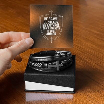 Men's Cross Leather Bracelet | “Be Brave. Be Steady. Be Faithful.” Shield Design | Christian Gift for Him | Faith Armor Bracelet