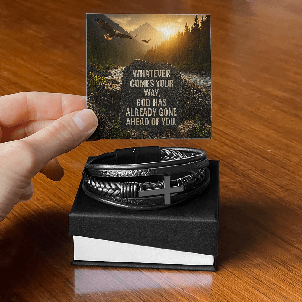 Men's Christian Cross Bracelet – “God Has Gone Ahead of You” Message Card | Leather & Stainless Steel Faith Bracelet