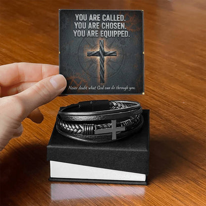 Men's Cross Leather Bracelet – “You Are Called, Chosen, Equipped” Message Card | Christian Gift for Men | Faith & Strength Jewelry