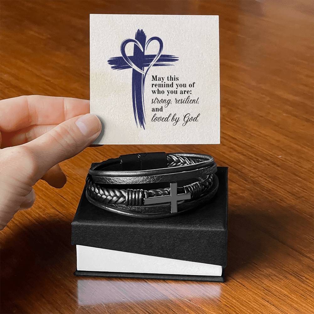 Strong, Resilient & Loved by God Men's Cross Bracelet | Christian Leather Bracelet for Him | Inspirational Men's Jewelry