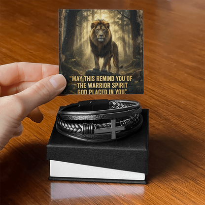Men's Christian Cross Bracelet – “Warrior Spirit God Placed in You” Message Card | Leather & Stainless Steel Faith Bracelet