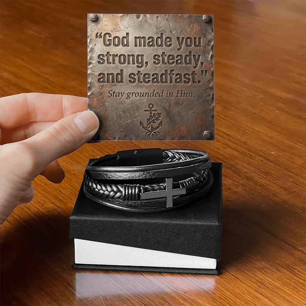Men's Christian Cross Bracelet – “Strong, Steady & Steadfast” Message Card | Leather & Stainless Steel Faith Bracelet