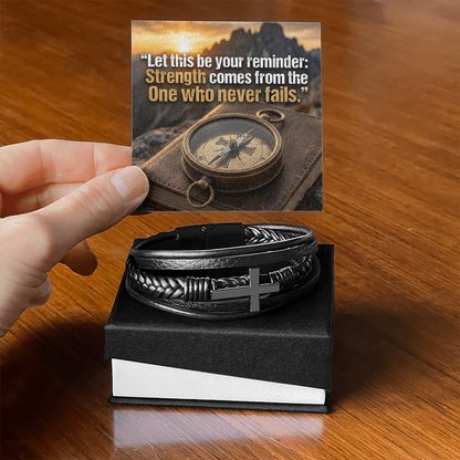 Men's Christian Cross Bracelet – “Strength Comes From the One Who Never Fails” Message Card | Leather & Stainless Steel Faith Bracelet