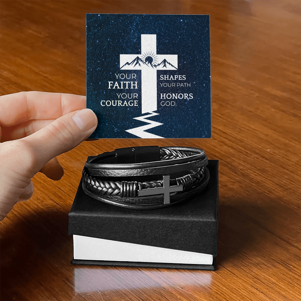 Men's Faith Bracelet | “Your Faith Shapes Your Path” | Christian Cross Leather Bracelet for Him | Inspirational Gift