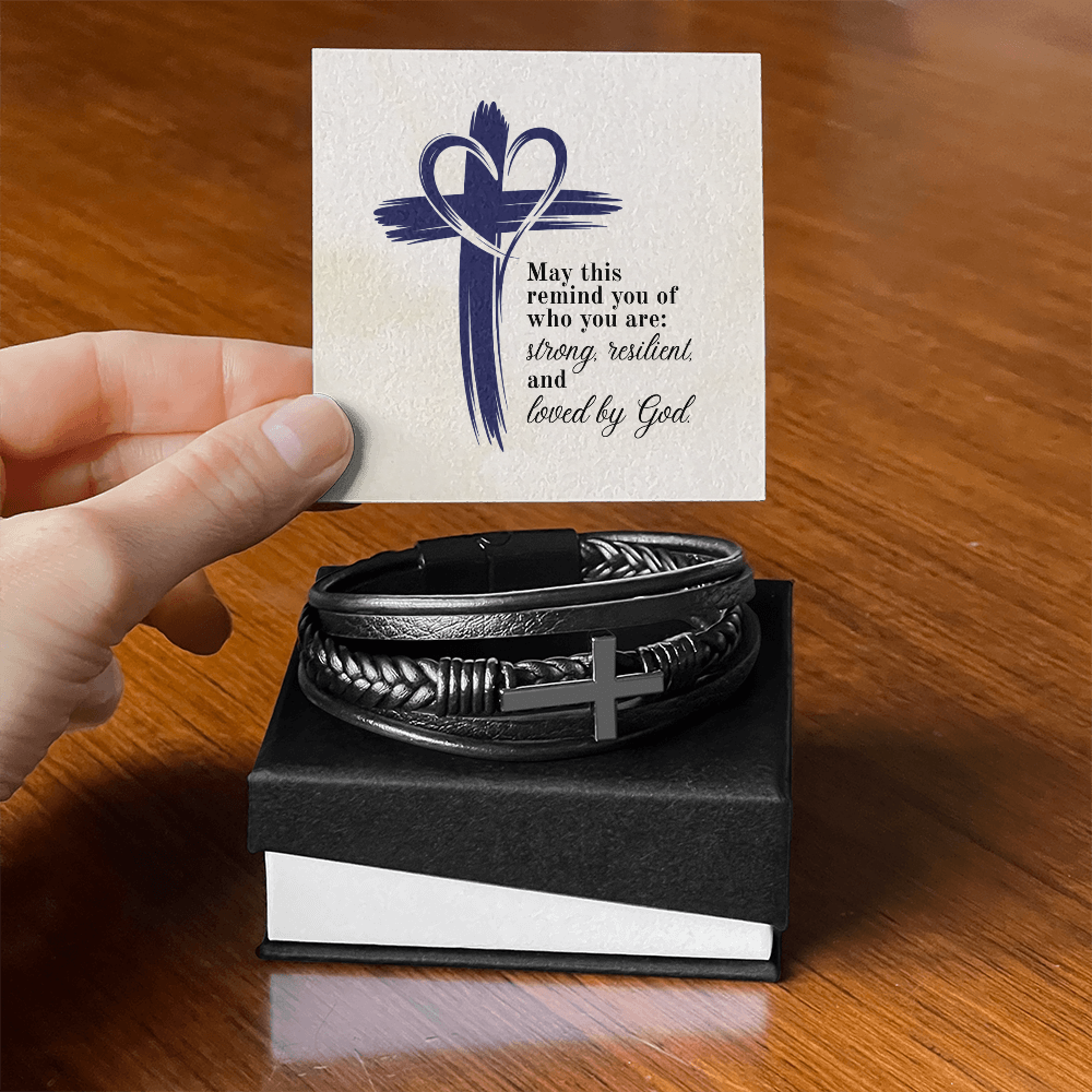 Strong, Resilient & Loved by God Men's Cross Bracelet | Christian Leather Bracelet for Him | Inspirational Men's Jewelry