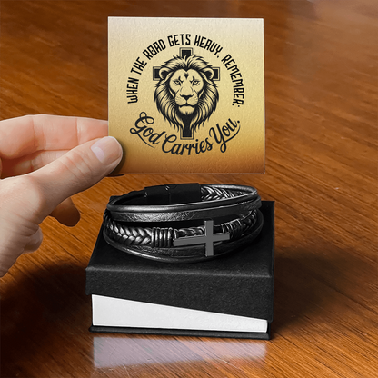 Men's Christian Leather Bracelet | Lion of Judah Faith Bracelet for Him | God Carries You Gift