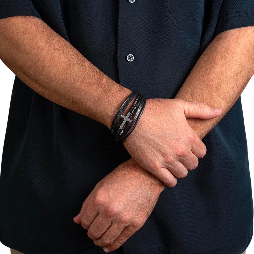 Men's Cross Leather Bracelet | “Be Brave. Be Steady. Be Faithful.” Shield Design | Christian Gift for Him | Faith Armor Bracelet